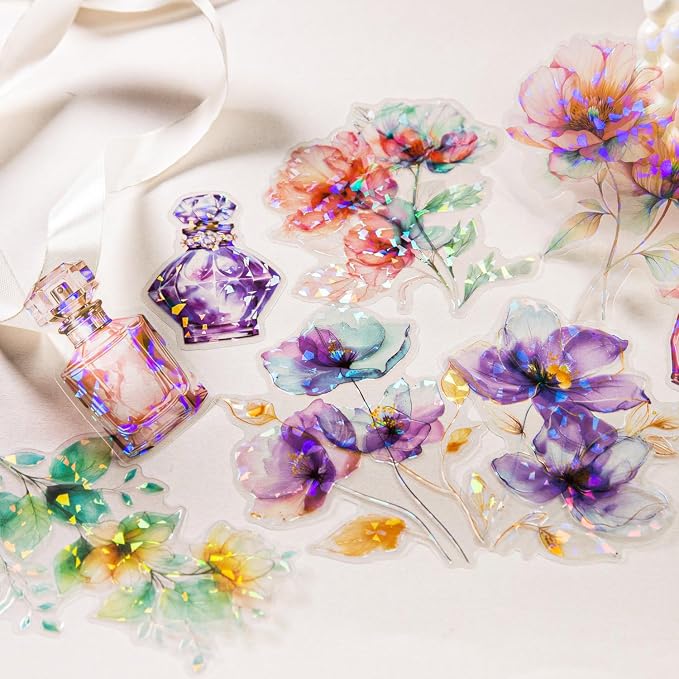 Yoksas 60 Pcs Large Holographic Shiny Flower Vase Scrapbooking Stickers - Image 3