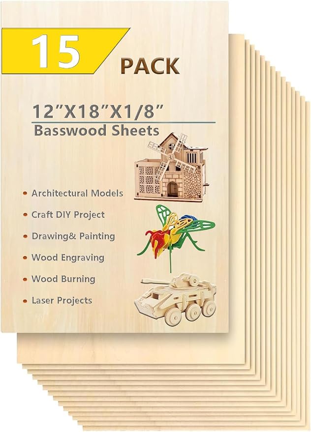 15 Pack Basswood Sheets for Crafts 12x18x1/8 Inch 3mm Basswood for Laser by twinsfox
