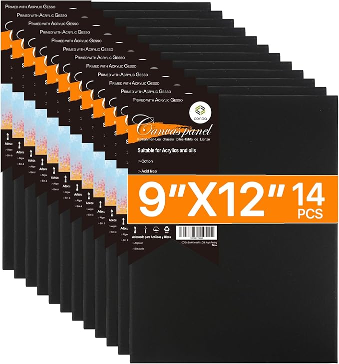 CONDA Black Canvases for Painting 9x12 inch, 100% Cotton Acid-Free, 8 oz by CONDA