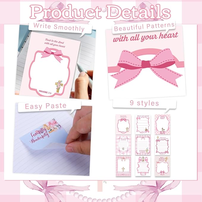 Pink Bow Sticky Notes Gifts, 9 Pack Pink Bow Christian Natepads 3x4 Inch - Image 3