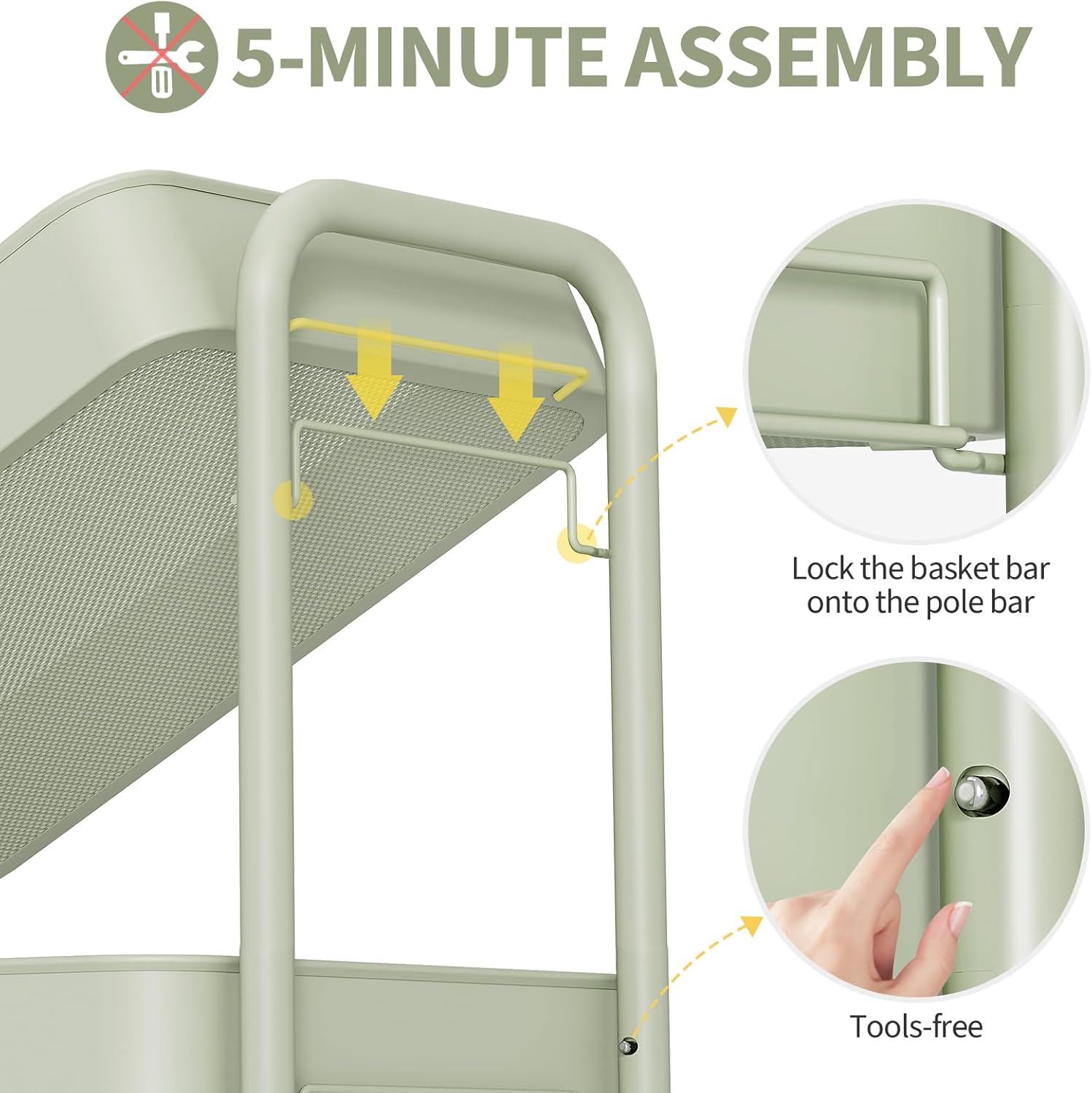 TOOLF 3 Tier Rolling Cart Storage Organizer, Metal Rolling Utility Cart with Wheels, Hooks & Bins Esthetician Craft Art Sturdy Storage with Pegboard for Bathroom, Kitchen, Office, Nursery Diaper