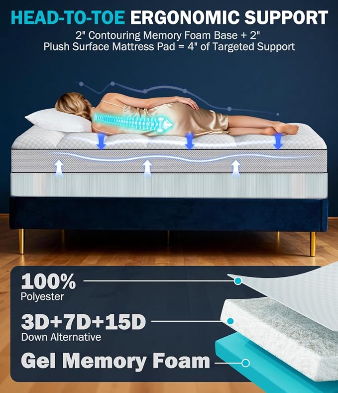 Dual Layer 4 Inch Memory Foam Mattress Topper King Size, Mattress Pad Cover - Image 6