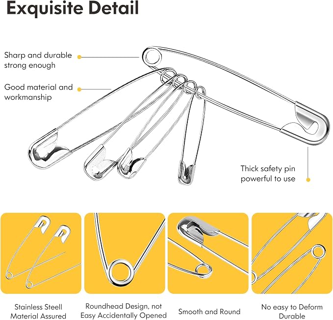 Huhuhero 340 Pack Safety Pins Assorted, Small & Large Heavy Duty Safety Pins - Image 5