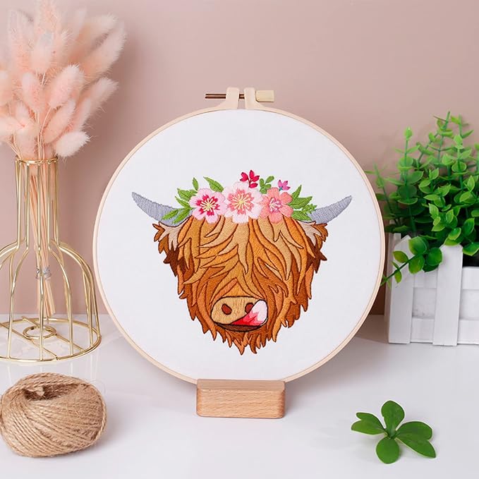 Louise Maelys Highland Cow Stamped Embroidery Kit Floral DIY Craft | Complete - Image 6