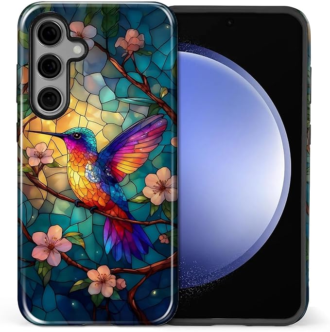 for Samsung Galaxy S25 Case, Stained Glass Hummingbird Pattern Glossy 2 in 1 by Teonvpu