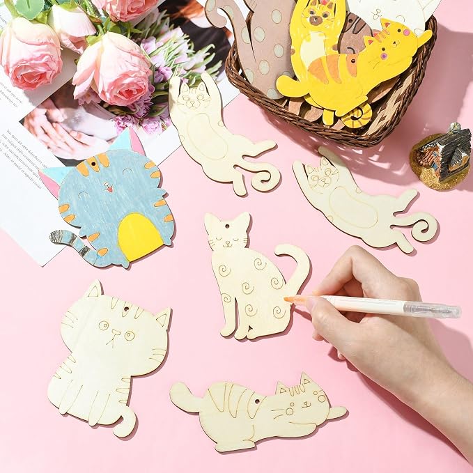 40 pcs Mixed Styles Lovely Cat Theme Unfinished Wood Cutout Charms Kitten Pet - Image 4