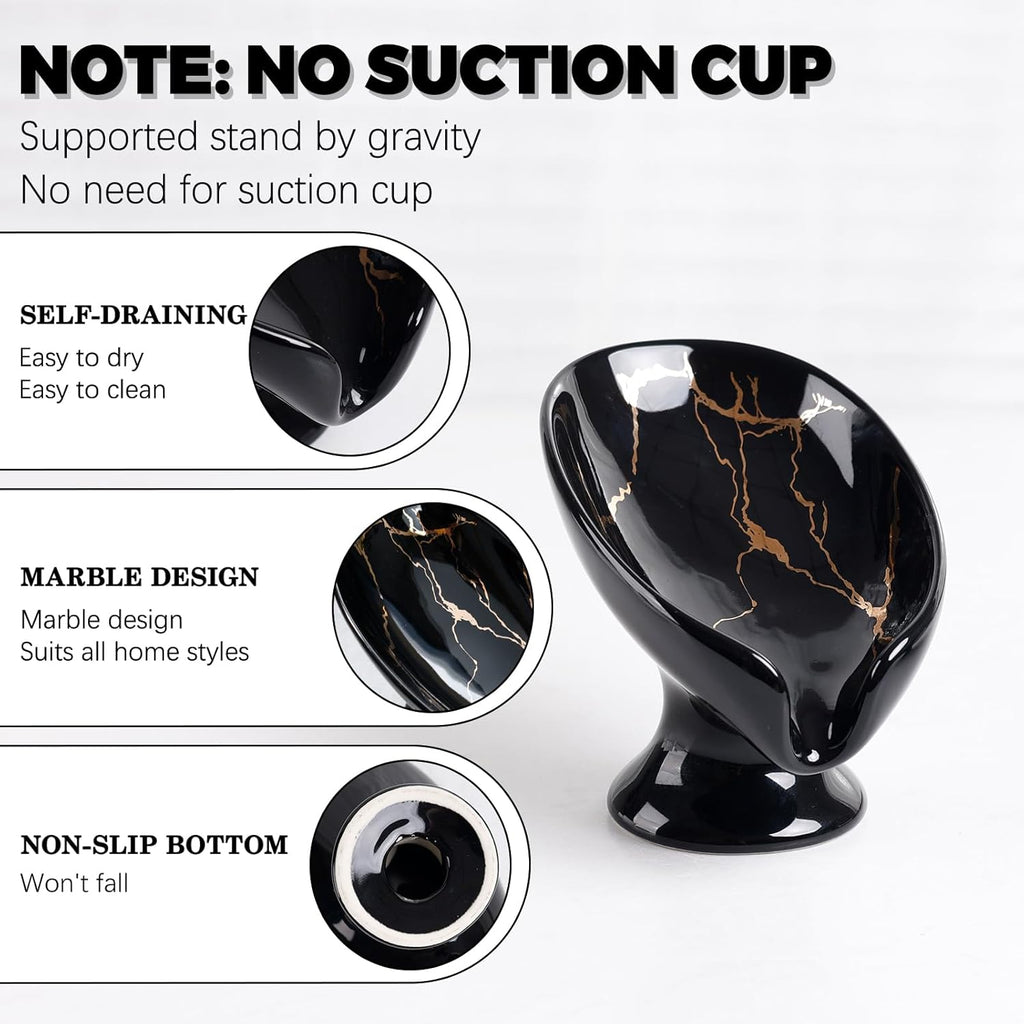 Soap Dish, Ceramic Soap Holder Self Draining Leaf Shape Bar Soap Holder, Marble Look Black Drain Soap Dish Holder for Bathroom, Easy to Clean Keeps Soap Dry, ANTIS'S HOME