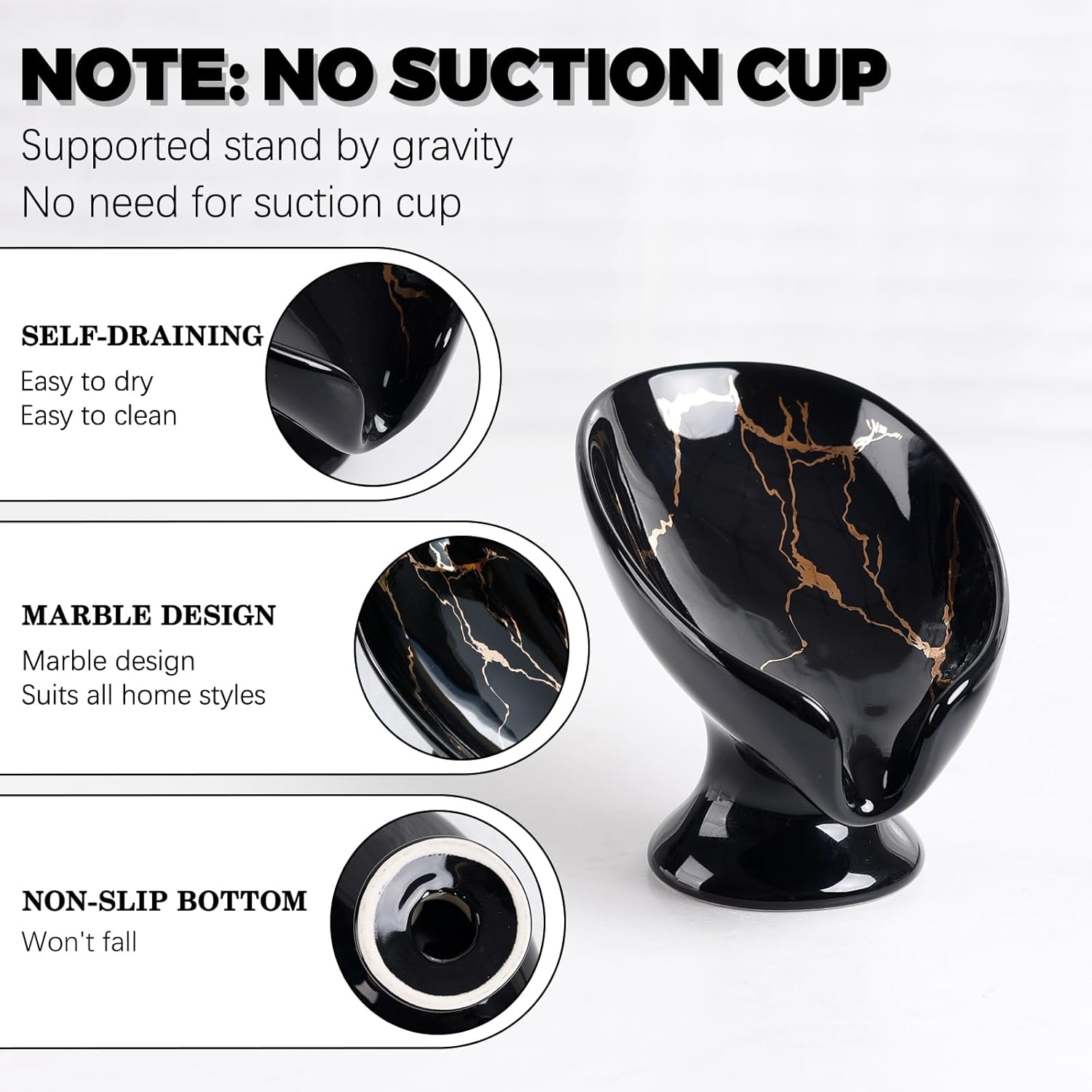 Soap Dish, Ceramic Soap Holder Self Draining Leaf Shape Bar Soap Holder, Marble Look Black Drain Soap Dish Holder for Bathroom, Easy to Clean Keeps Soap Dry, ANTIS'S HOME