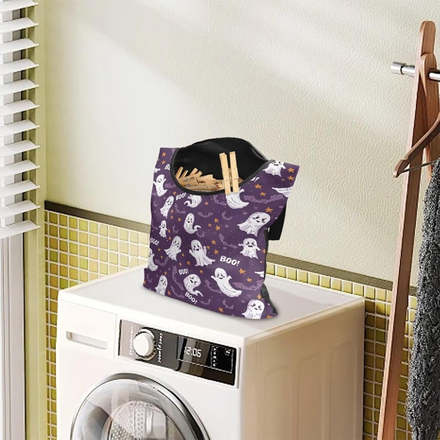 Cute Ghost Clothespin Storage Hanger Bags Laundry Clothespin Bag with a Large Opening, Hanging Storage Organizer with Hanging Rope for Home Outdoor Waterproof Clothespin Storage