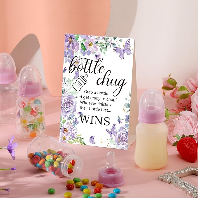 TrelaCo Bottle Chug Baby Shower Game 20 Pcs Baby Bottles Shower Favor with 1 Butterfly Theme Sign for Gender Reveal Party Supplies Gifts(Purple)
