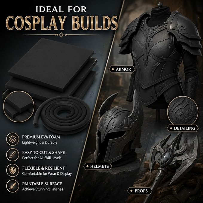 3-Piece EVA Cosplay Foam Kit, Includes 2 Black EVA Foam Sheets and 15mm x 2m - Image 3
