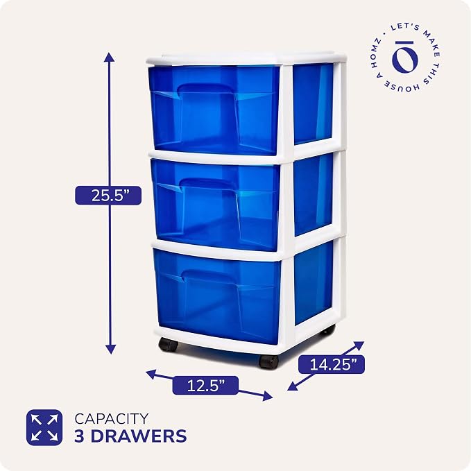 HOMZ Drawer Tower, 3-Tier Clear Blue Plastic Storage Organizer Cart, and - Image 2
