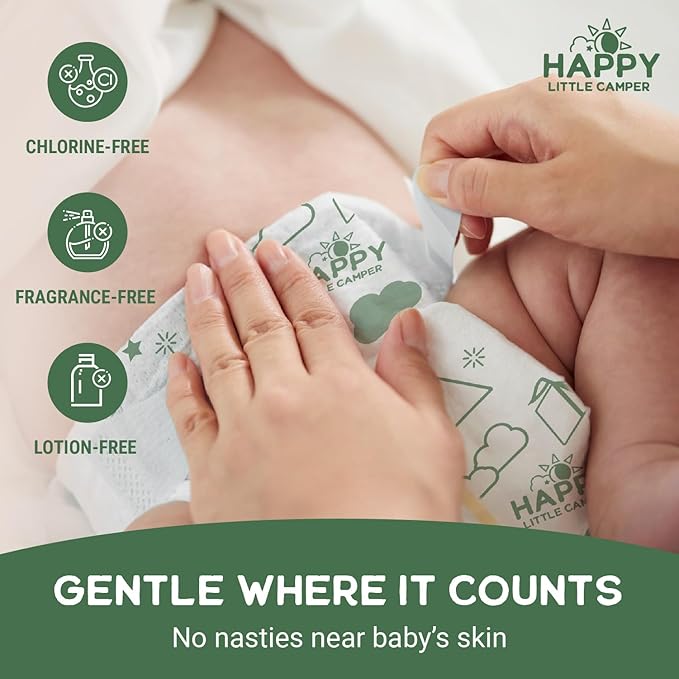 Happy Little Camper Super Saver Diapers, Size 1, 100 Count | Budget-Friendly Disposable Baby Diapers for Sensitive Skin | Hypoallergenic, Fragrance-Free, Ultra Absorbent