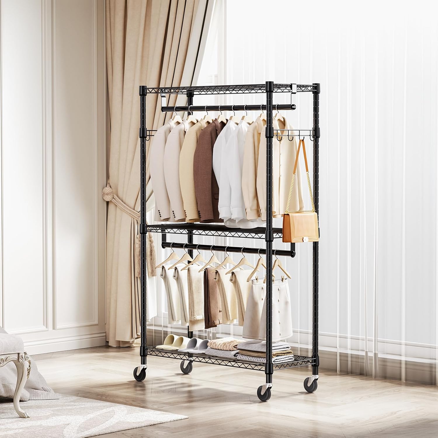 Heavy Duty Rolling Garment Rack 3 Tiers Adjustable Wire Shelving Clothes Rack with 2 Rods and Side Hooks,Storage Closet Clothing Rack with Wheels Black 15.7" D x 29.5" W x 74.5" H