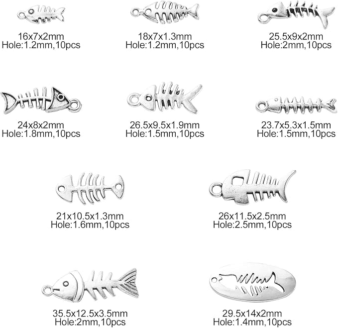 DanLingJewelry 100Pcs 10 Styles Fish Charm Bulk Fish Bone Charms Skeleton Charms - Image 2