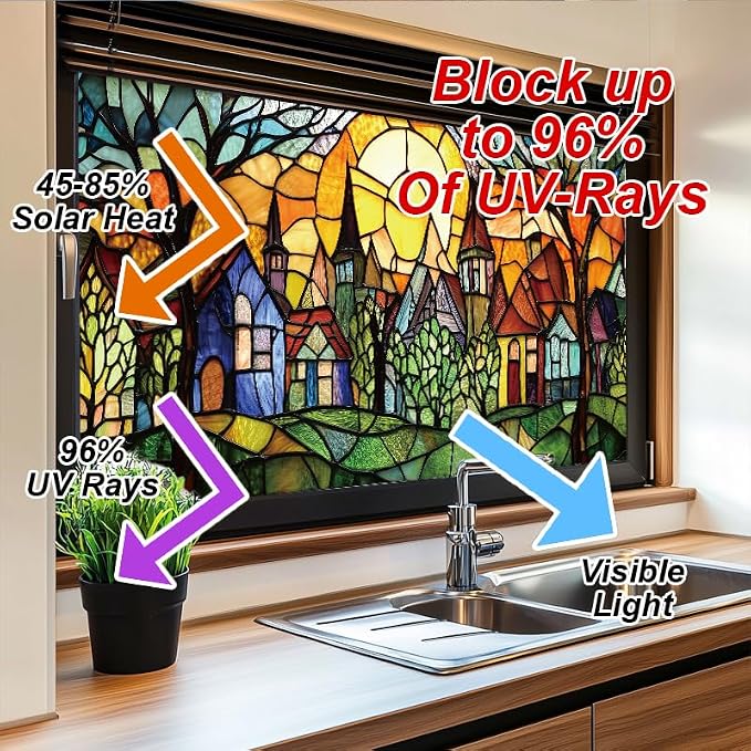 Colorful Fairy Village Stained Glass Window Film 17.71x39.97 Inch Sunlit Houses - Image 4