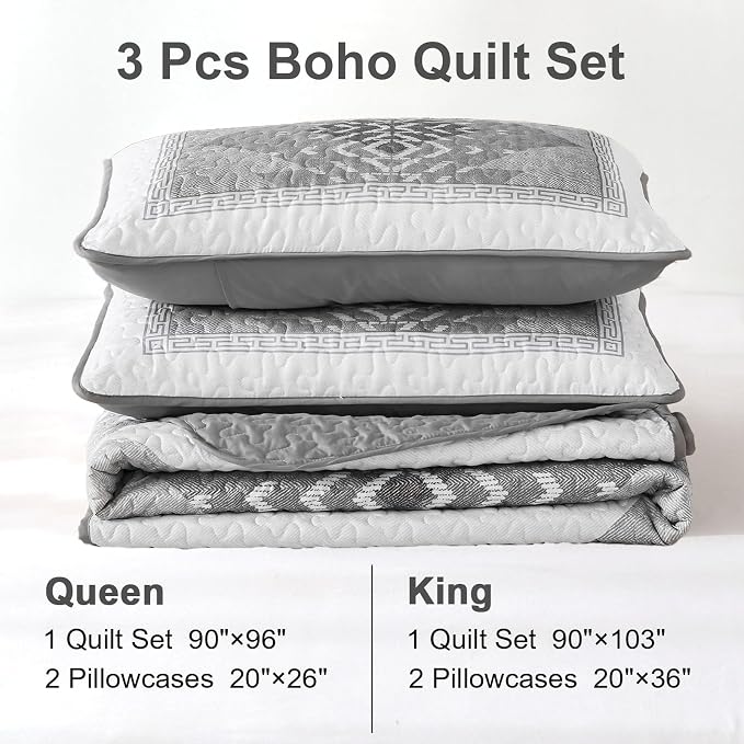 Dintszyayue Grey Quilt Set Queen Size 3 Pieces Boho Aztec Quilt Set Queen Gray - Image 8