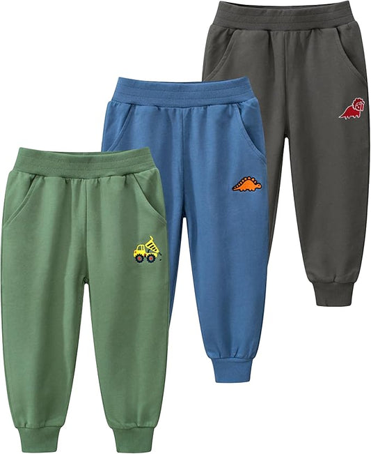 GFQLONG Toddler Boys 3 Pack Cotton Active Jogger Pants,Kids Cartoon Sweatpants Casual Lounging Bottoms