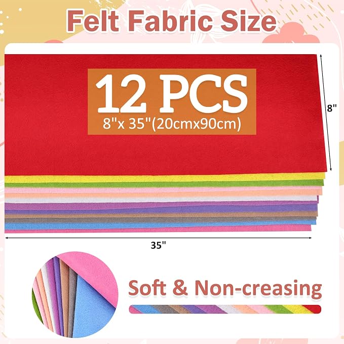 12 Rolls 8"x35" 1.4mm Thick Soft Felt Fabric Sheet 12 Assorted Rainbow Series - Image 3