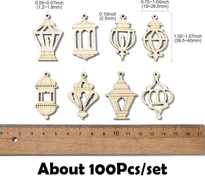 200 pcs Mixed Styles Hollow Lantern Theme Undyed Wood Cutout Charms Pyrography - Image 2