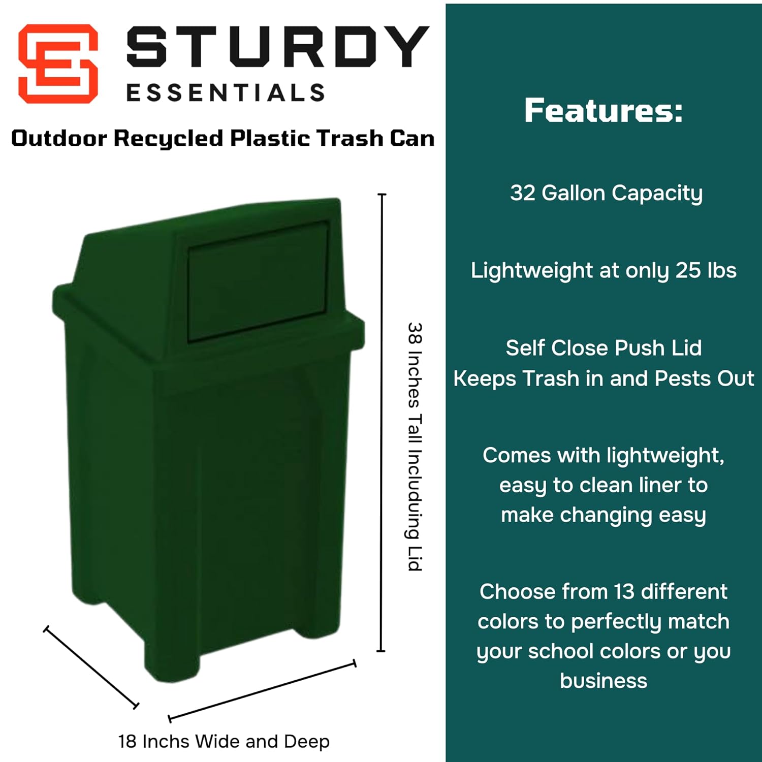 32 Gallon Square 100% Recycled Plastic Heavy Duty Outdoor Trash Can with Push Lid - Great for Schools and Businesses - Green Granite