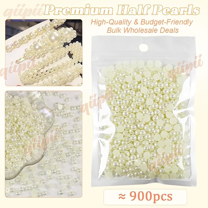 qiipii 900PCS 6mm Beige White Round Half Round Pearls - Image 2