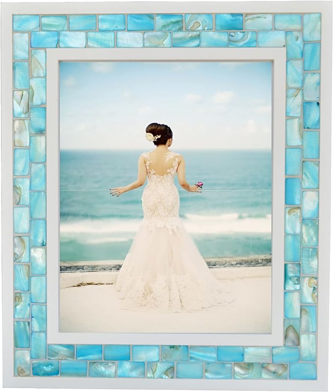 Beach Picture Frame 8x10 Blue, Mother of Pearl Picture Frame, Mosaic Glass Frame by GIFTME5