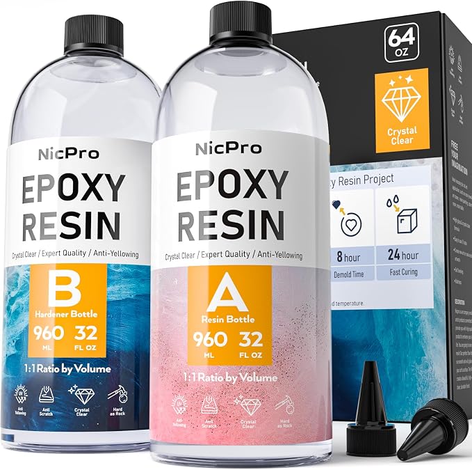 Nicpro 64 Ounce Crystal Clear Epoxy Resin Kit, Food Safe DIY Starter Epoxy Resin by Nicpro