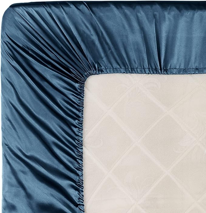 Homiest Deep Sea Blue Satin Fitted Sheet Twin XL Size, Deep Pocket, Luxury & - Image 6
