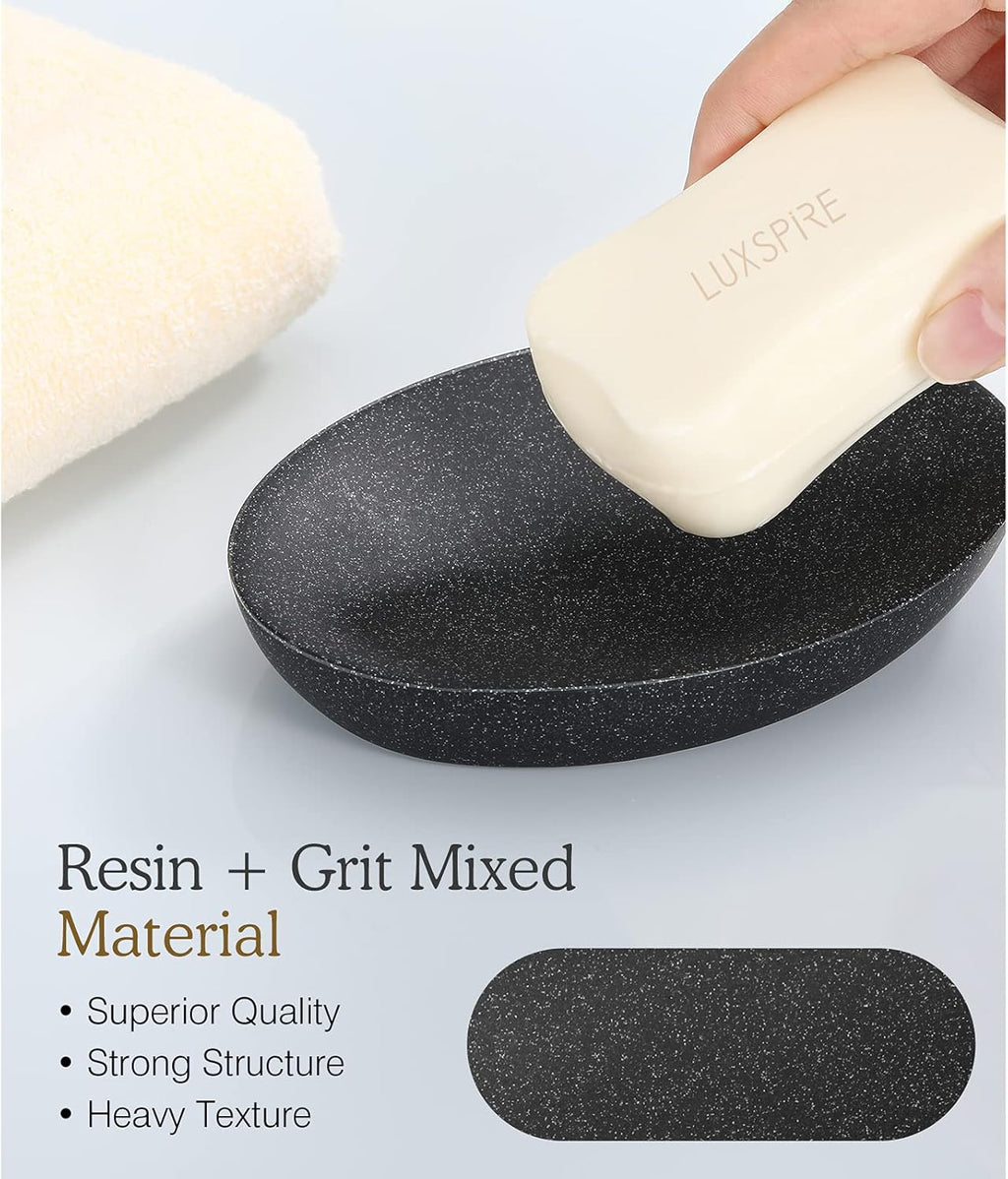 Luxspire Soap Dish, Resin Soap Tray Soap Holder Container Box, Marble Pattern Oval Soap Plate Case, Sponge Dish Scrubbers Tray Holder for Bathroom Vanity Shower Kitchen Sink Counter Top, Gravel Black