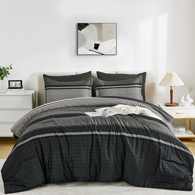 WONGS BEDDING 7 Pieces Comforter Set King Size, Dark Grey Black Striped Bed in - Image 9