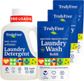Truly Free Natural Laundry Detergent for Sensitive Skin | Eco Friendly, Plant Based, Baby Clothes Safe | Clean & Easy Powder to Liquid, 3 Pack Detergent + 1 Refillable Jug | Signature Scent 150 Loads