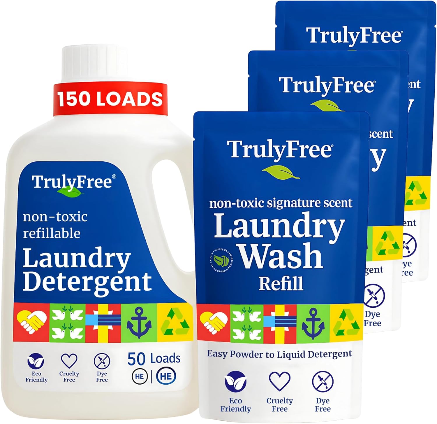Truly Free Natural Laundry Detergent for Sensitive Skin | Eco Friendly, Plant Based, Baby Clothes Safe | Clean & Easy Powder to Liquid, 3 Pack Detergent + 1 Refillable Jug | Signature Scent 150 Loads