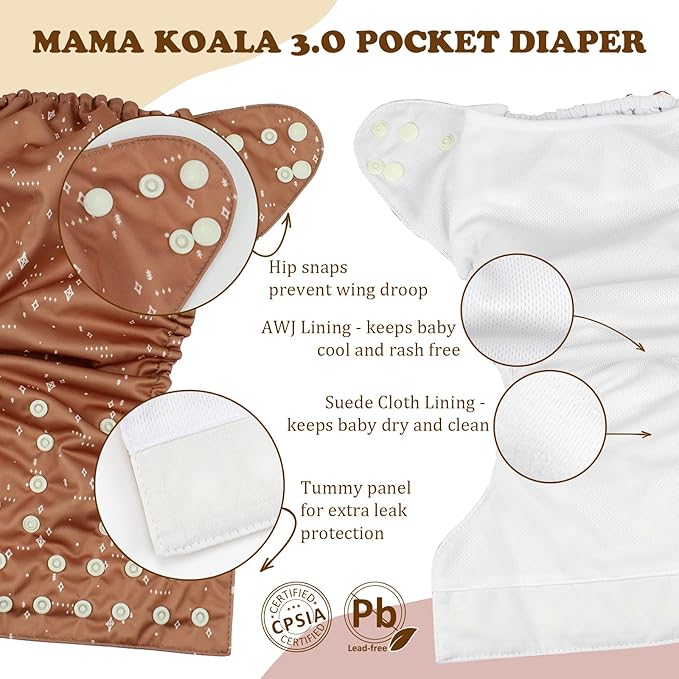 Mama Koala 3.0 Pocket Cloth Diapers for Babies with AWJ Lining, 6 Pack with 6 5-Layer Natural Cloth Diaper Inserts - Reusable and Washable Pocket Diapers(A-A Special Set)