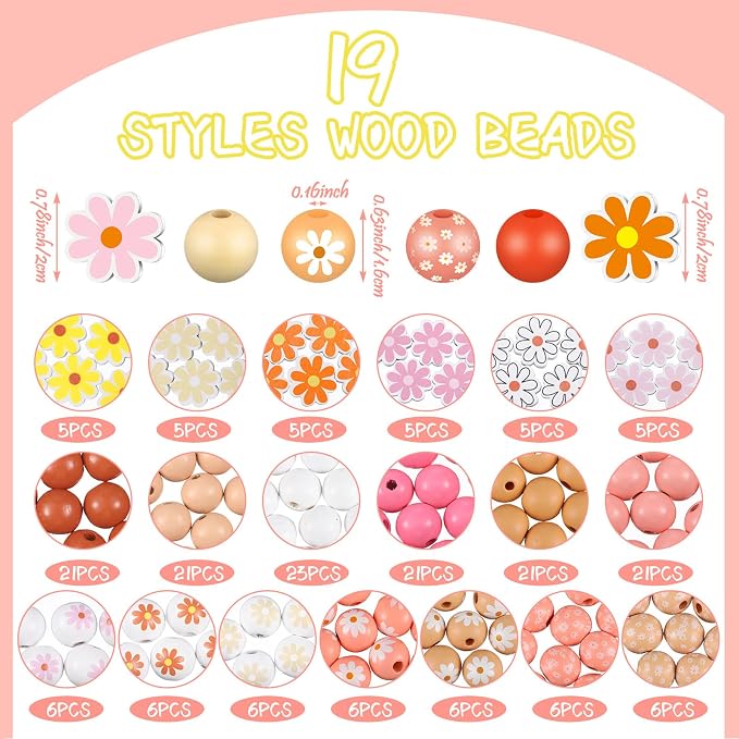 Tradder 200 Pcs Daisy Wooden Beads - Image 2