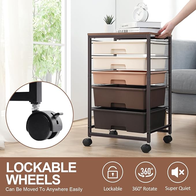 SYKIARIOL Utility Cart with 5 Drawers, Storage Drawer Cart with Wooden Tabletop - Image 6