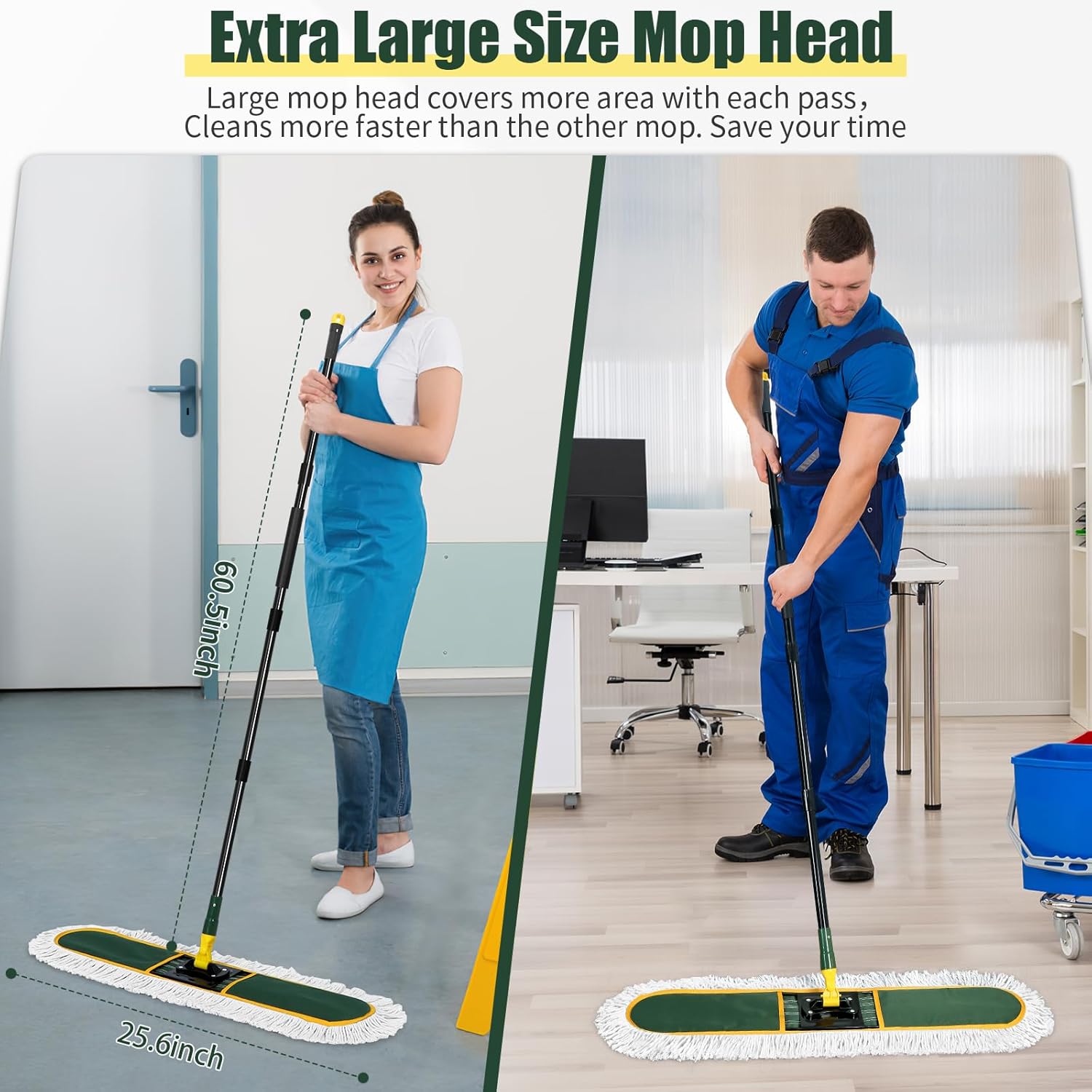 24" Commercial Dust Mop Replacement Padsfor Cleaning Office Garage Hardwood Warehouse, 2 Pack ,Green