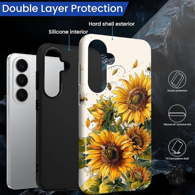 for Samsung Galaxy S26 Case, Sunflowers Bees Pattern Glossy 2 in 1 Shockproof - Image 3