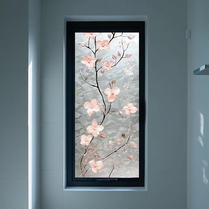 IVN Privacy Window Film Stained Glass Window Cling Pink Blossom Design - Image 6