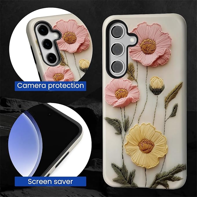 Case for Samsung Galaxy S25 FE, Faux Embroidery Boho Floral Design Hybrid Dual - Image 2