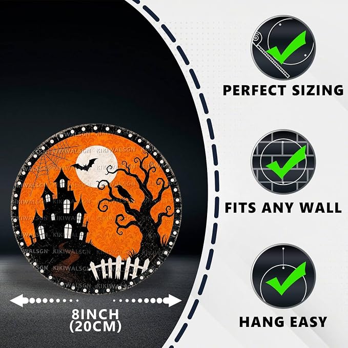 Haunted House Halloween Metal Tin Sign Round Wall Decor Bat Crow Dead Tree - Image 2
