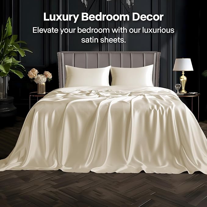 BEDELITE Satin Sheets Twin Size Bed Set, Luxury Soft Beige Silky Sheets - Image 2