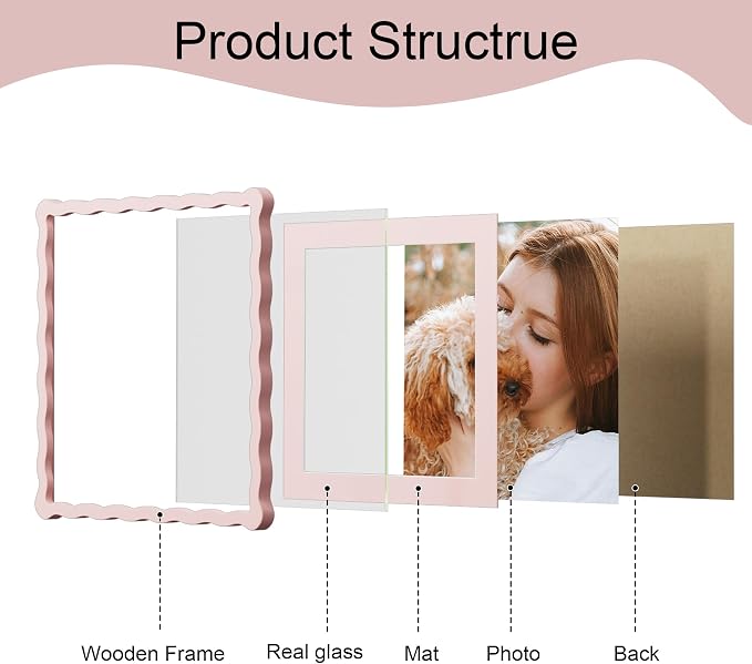 12x12 Picture Frame with Mat for 10x10, Wavy Edge Wooden Real Glass Photo Frame - Image 5