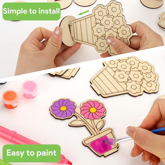 24 PCS Wooden Flower Crafts to Paint, Unfinished Wooden Flowers Spring Slices - Image 4