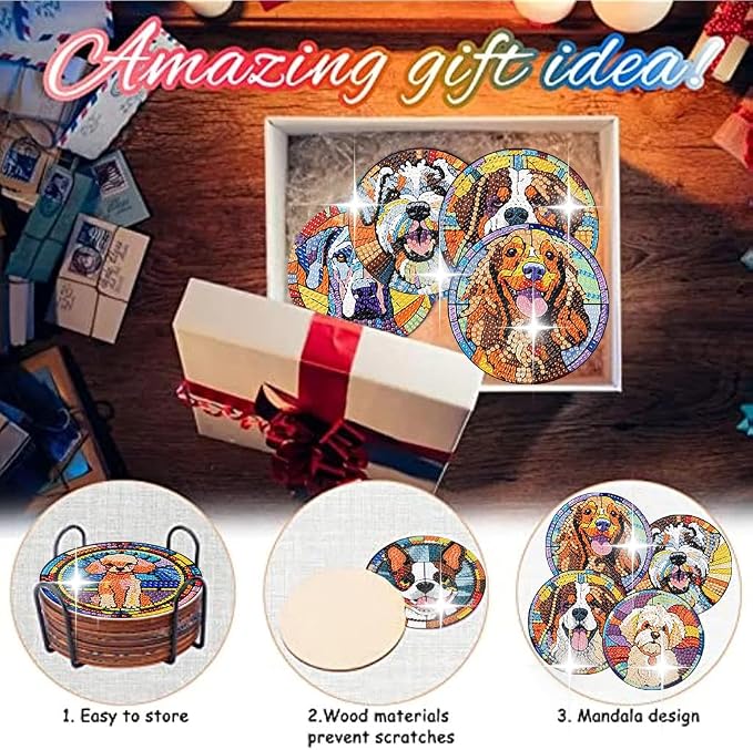 Zythron 8 Pack Dog Diamond Art Coasters, Diamond Painting Coasters Kits | Dog - Image 7