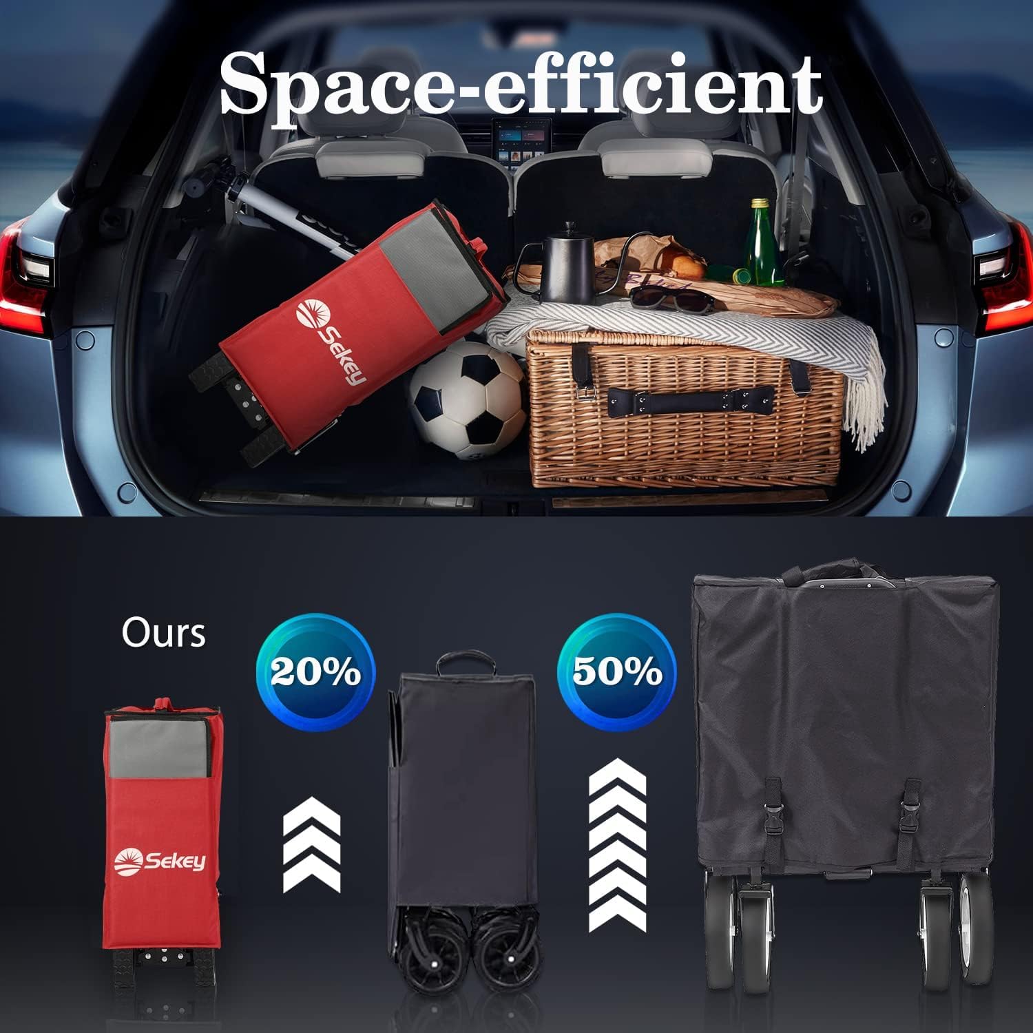 Sekey 220L Collapsible Foldable Wagon with 330lbs Weight Capacity, Heavy Duty Folding Wagon Cart with Big All-Terrain Wheels & Drink Holders (Red&Grey)