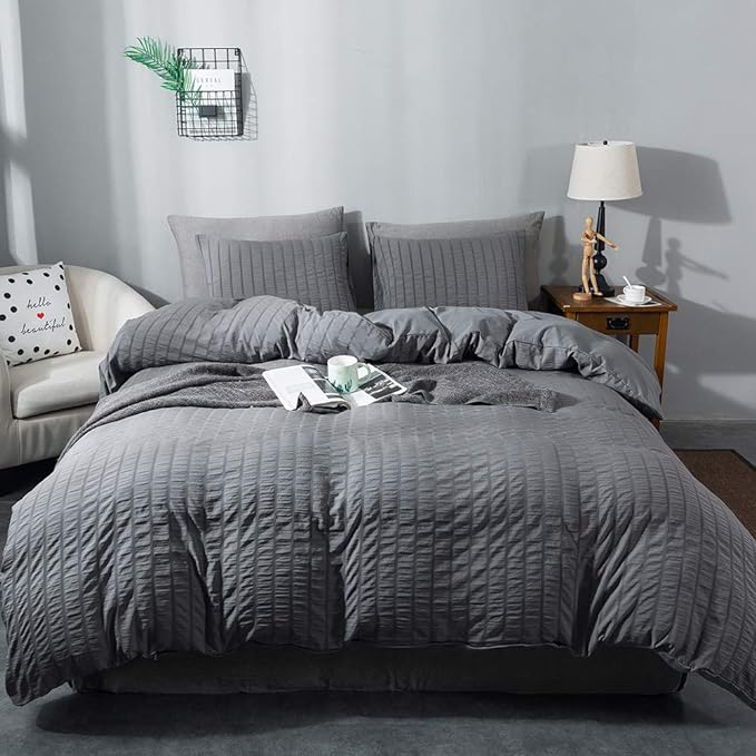AveLom Seersucker Duvet Cover Set King Size, 3 Pieces, Dark Gray Ultra Soft by AveLom