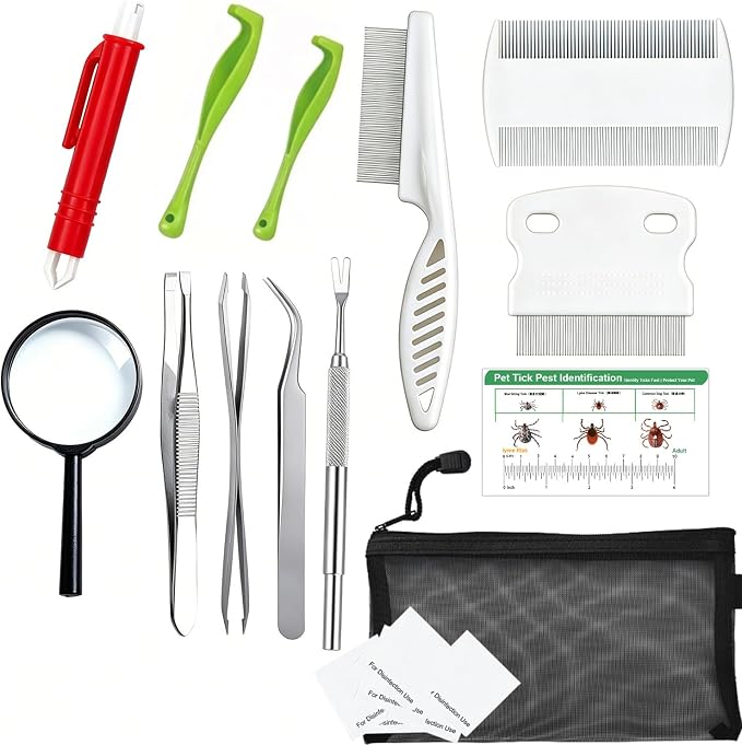 Tick Removal Tool Kit for Humans, Dogs & Cats, 13-in-1 Stainless Steel Tick by KAOXIYU