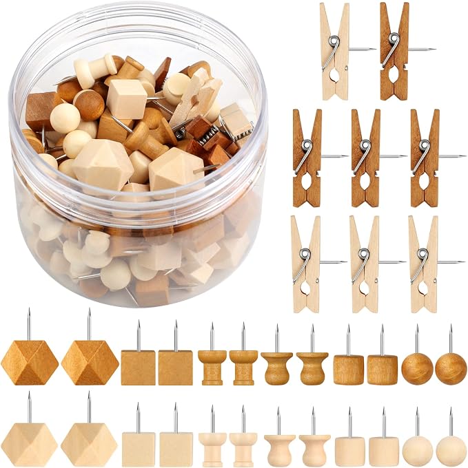 120Pcs Wooden Thumb Tacks, 7 Shapes Push Pins by Phinus