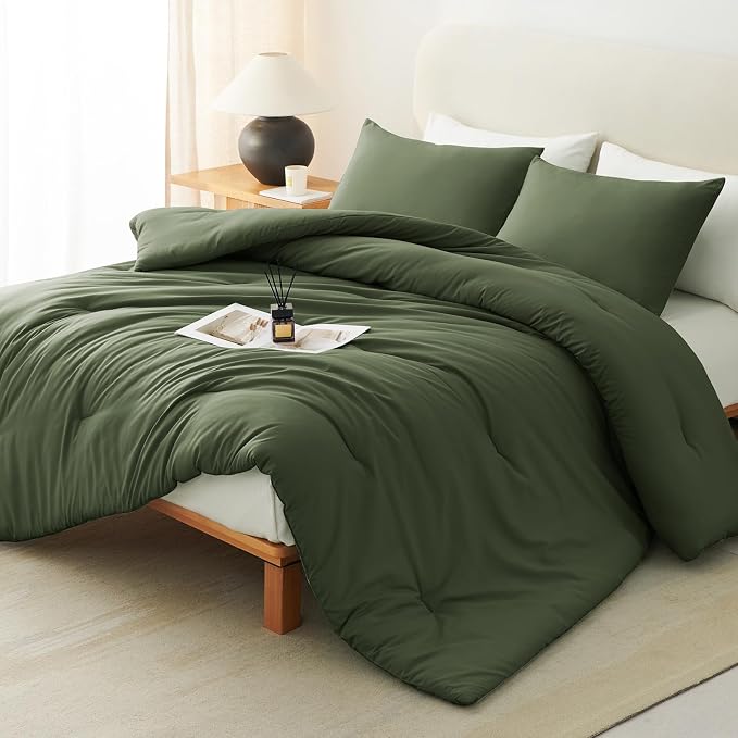 CozyLux Oversized Queen Comforter Set Olive Green, 3 Pieces 98x98 Solid by CozyLux